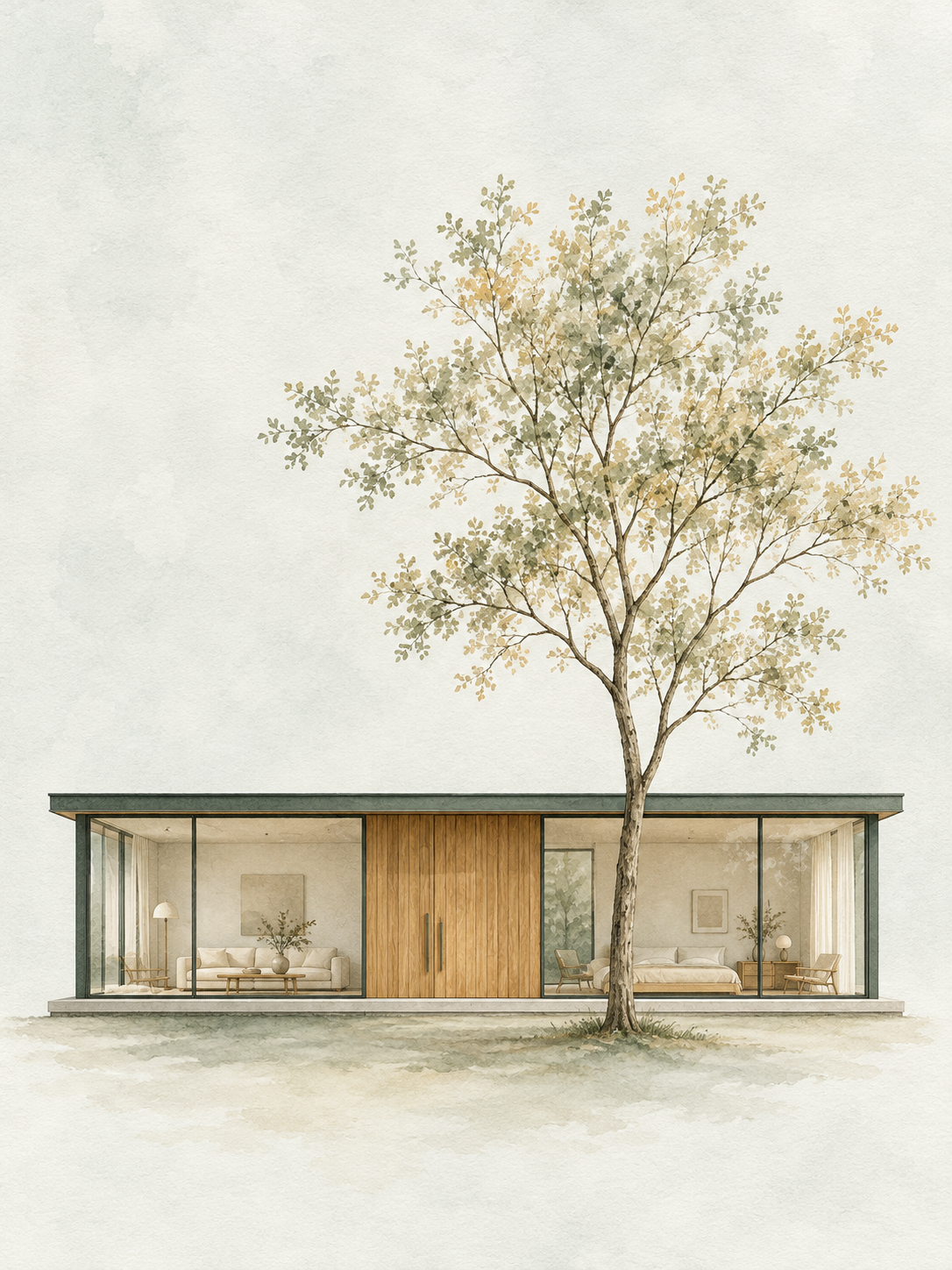 Watercolor illustration of a modern glass house beside a tree on a pale sage background